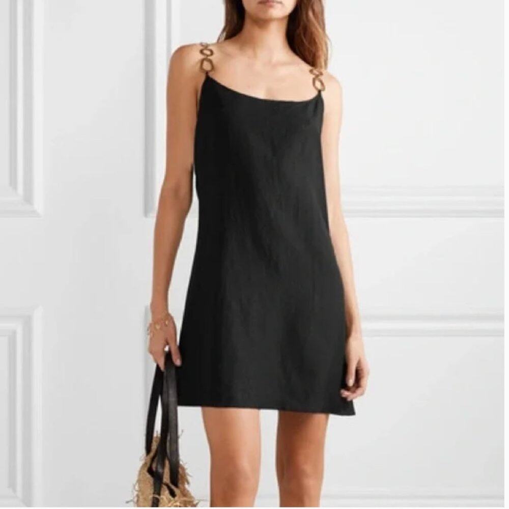 NWT Solid & Striped Black Linen Mini Dress w/ Gold Chain Straps XS